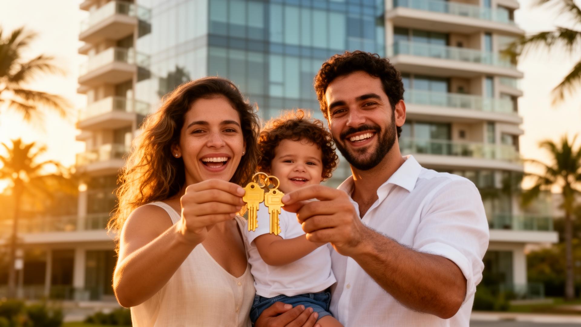 Família feliz recebendo chaves do apartamento próprio em Águas Lindas